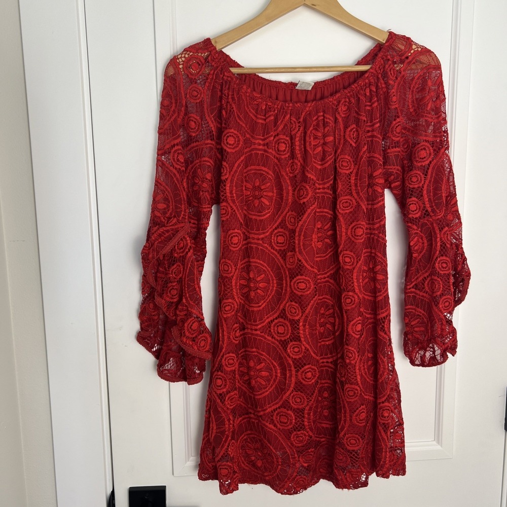 Win Win Off Shoulder long Ruffle sleeve Red Lace Lined Tunic Top Women's L-XL